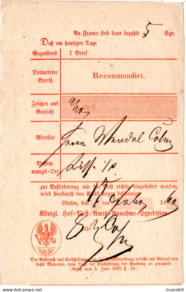 Preussen 1860, Postschein V. Berlin F. Einen Reko-Brief N. Lissa. - Storia Postale