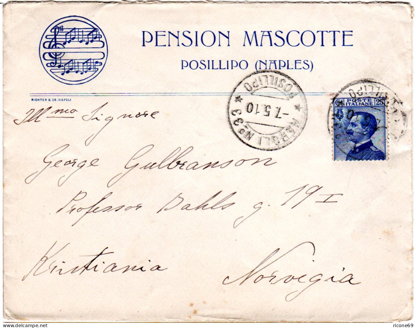Italien 1910, 25 C. Auf Hotel Brief V. Napoli No.33 Posillipo N. Norwegen - Non Classés
