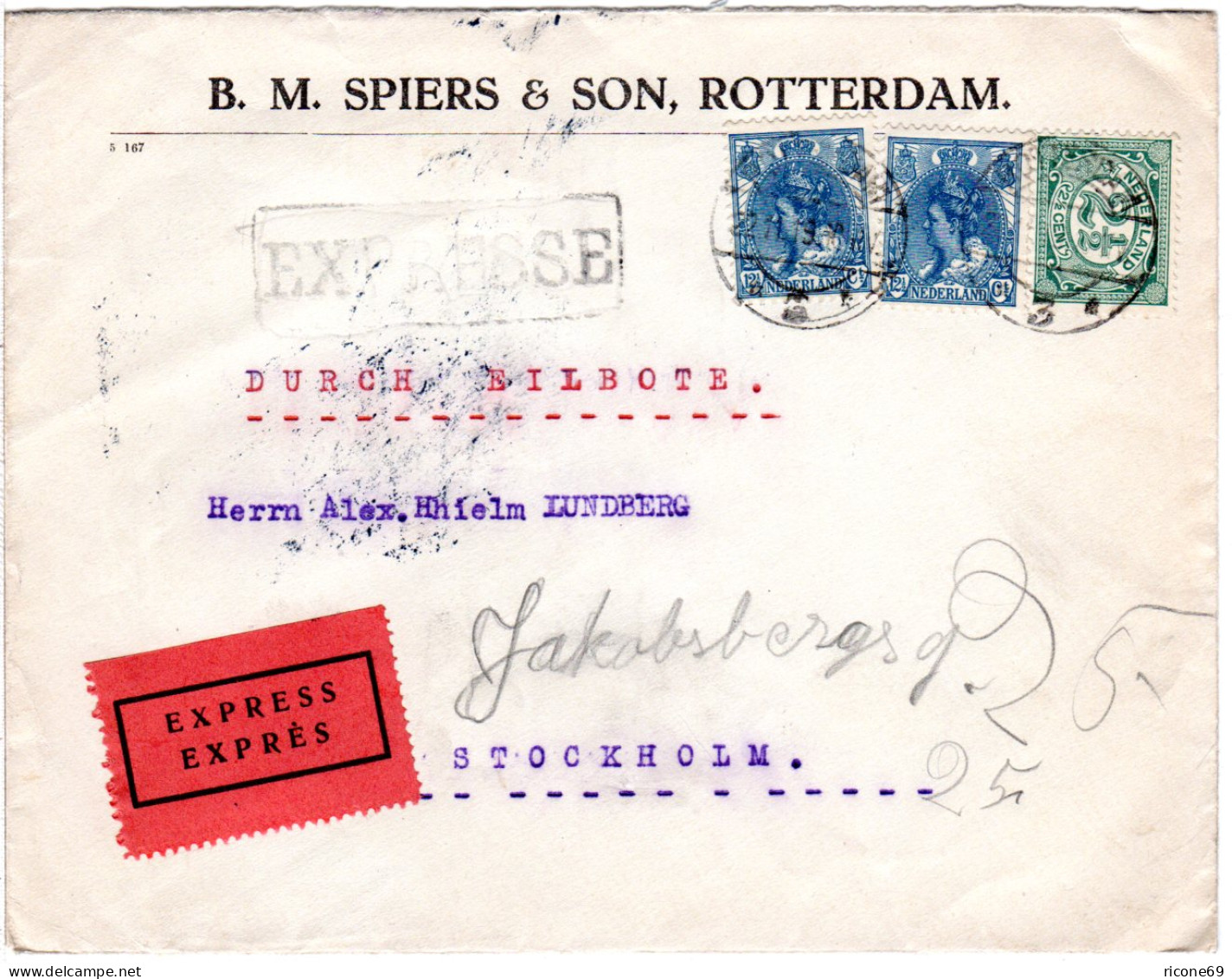 NL 1919, 2 1/2+2x12 1/2 C. Auf Eil Brief M. Rosa Schweden Express-Label - Other & Unclassified