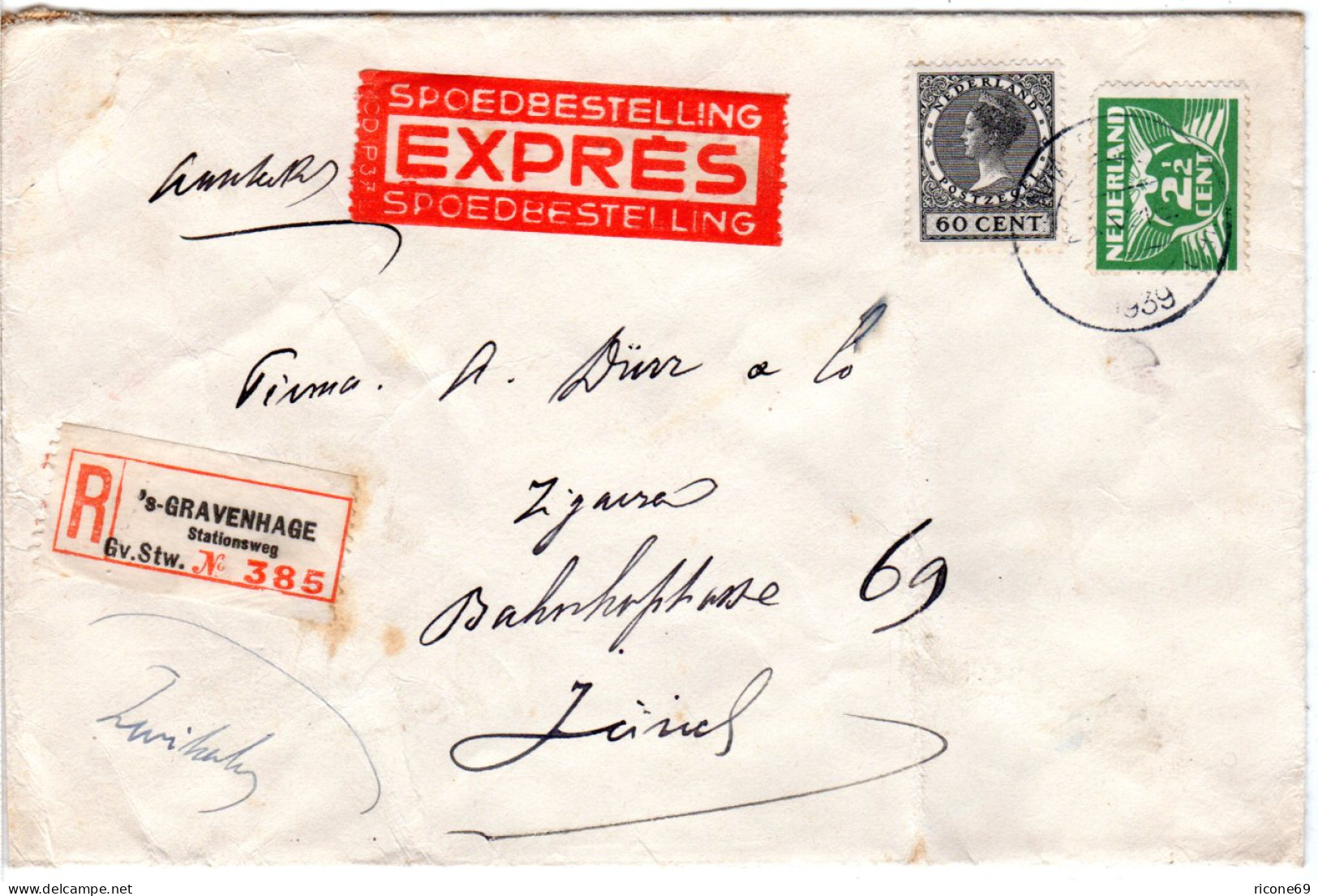 NL 1939, 2 1/2+60C. Auf Reko-Eilboten Brief V. ś-Gravenhage I.d. Schweiz. - Andere & Zonder Classificatie