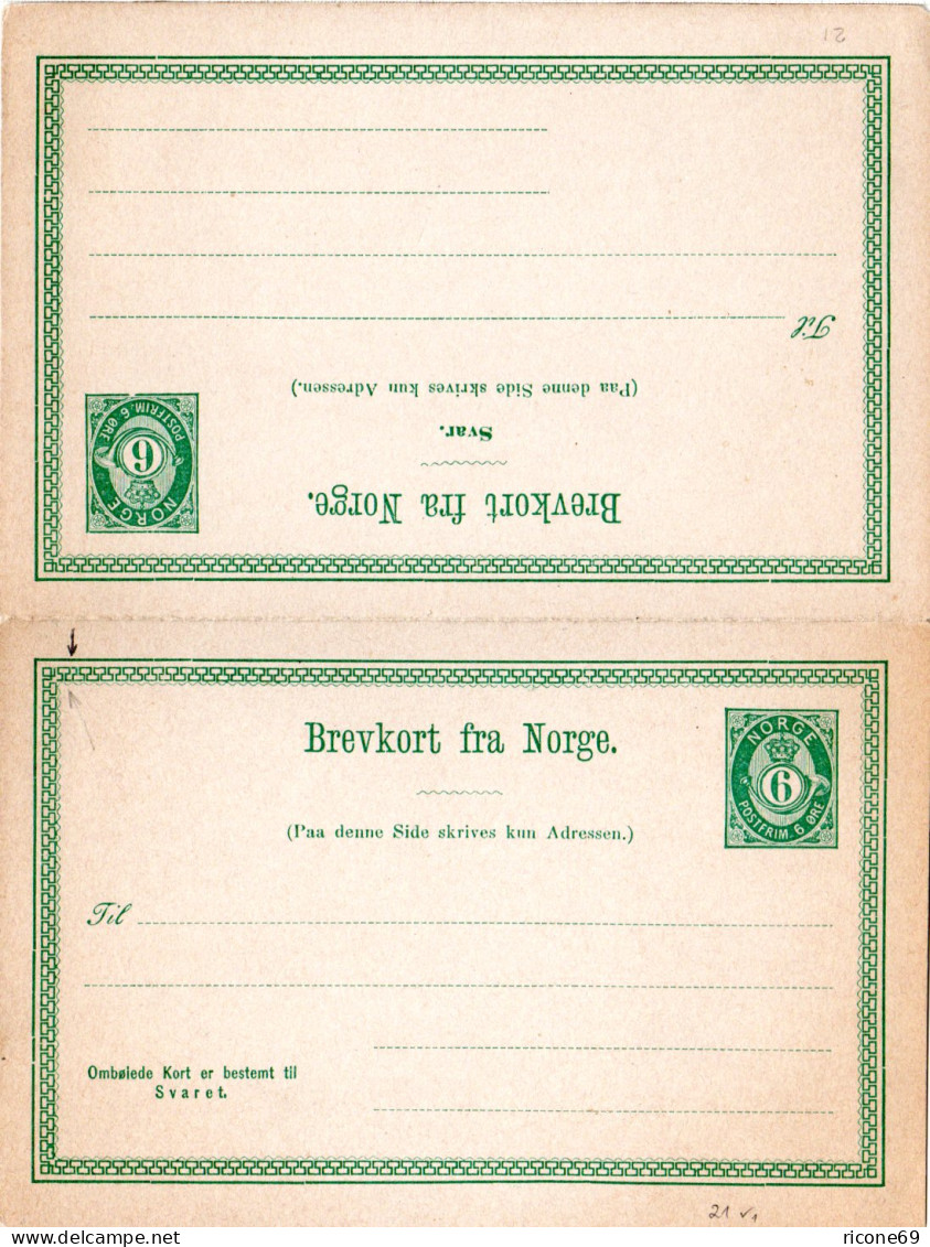 Norwegen Aune 21 V1, Ungebr. 6+6 öre Doppel Ganzsache M. Variante Oben Links - Lettres & Documents