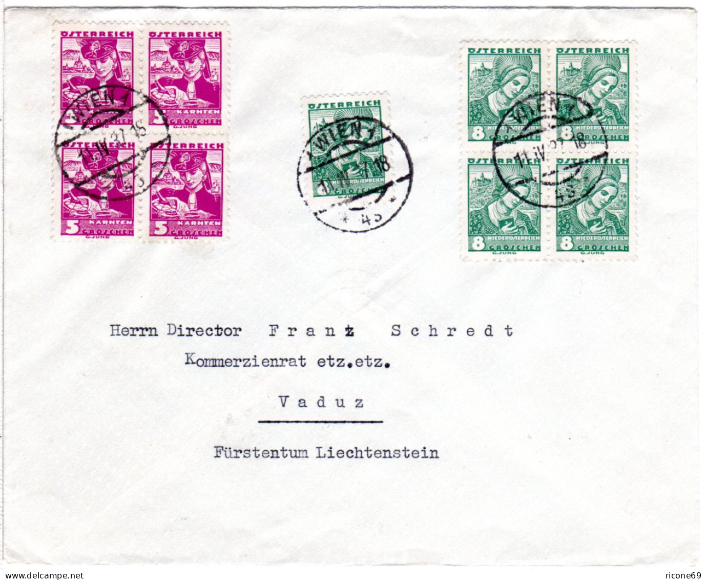 Österreich 1937, 8 G.+4er-Blöcke 5+8 G. Auf Brief V. Wien N. Liechtenstein. - Lettres & Documents