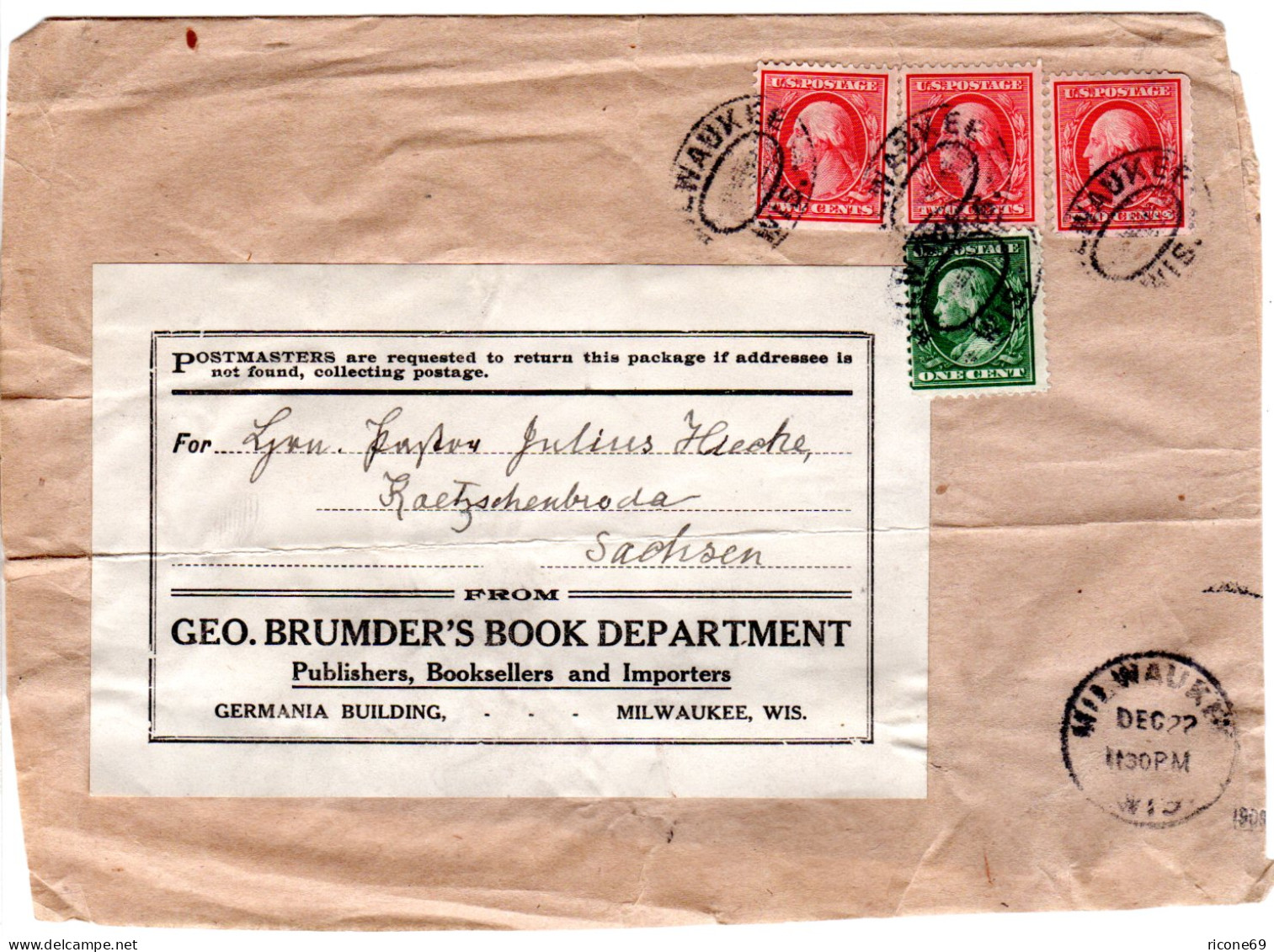 USA 1909, 1+3x2 C. Auf Drucksachenschleife V. Milwaukee N. Sachsen - Autres & Non Classés