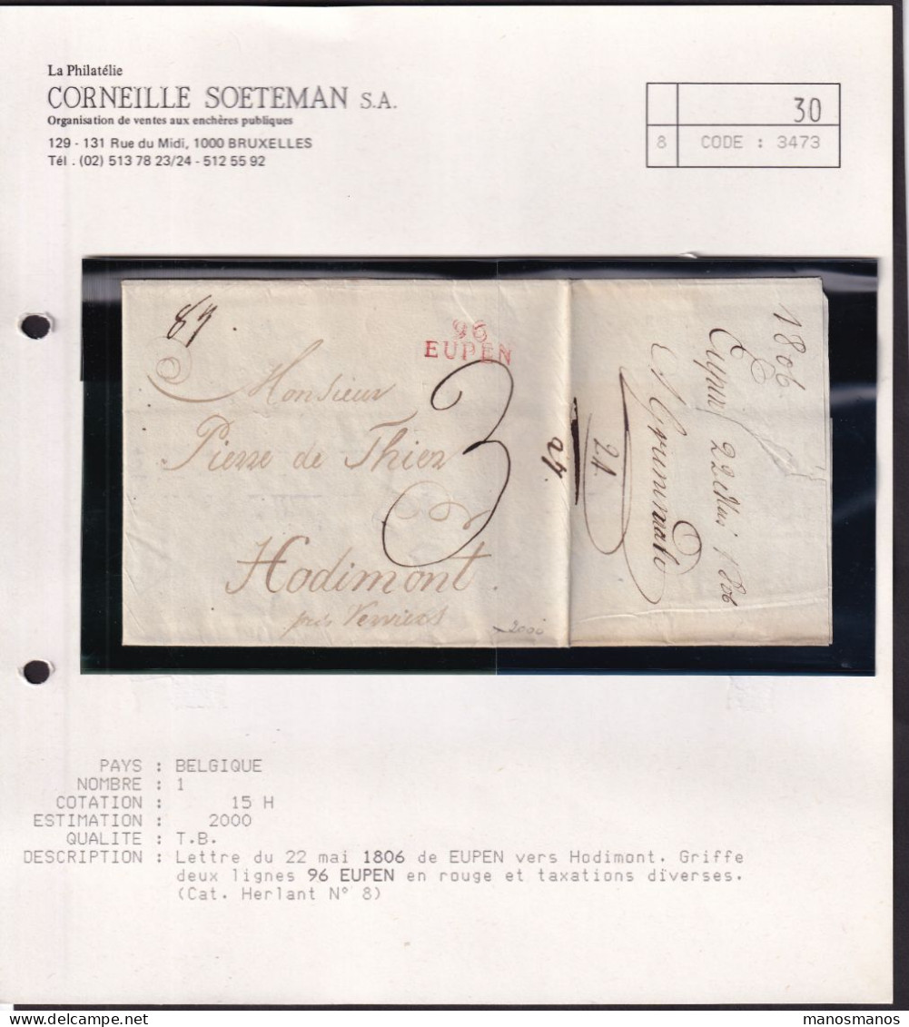 DDFF 759 -- CANTONS DE L'EST - Lettre Précurseur 96 EUPEN (rouge) 1806 Vers HODIMONT - Signée Grunewald - 1794-1814 (French Period)