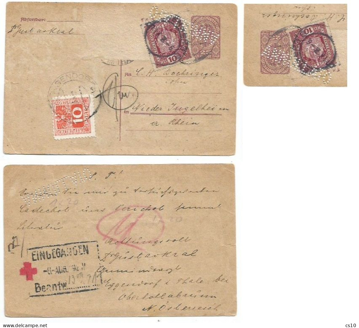 Austria PSC H.25 + H.10 Sent 1oct1918 (1 Stamp Missed) Taxed P.Due H.10 With Perforation "ANNULLATO" .....???? - Lettres & Documents