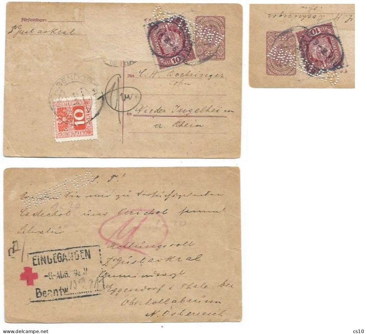 Austria PSC H.25 + H.10 Sent 1oct1918 (1 Stamp Missed) Taxed P.Due H.10 With Perforation "ANNULLATO" .....???? - Briefkaarten