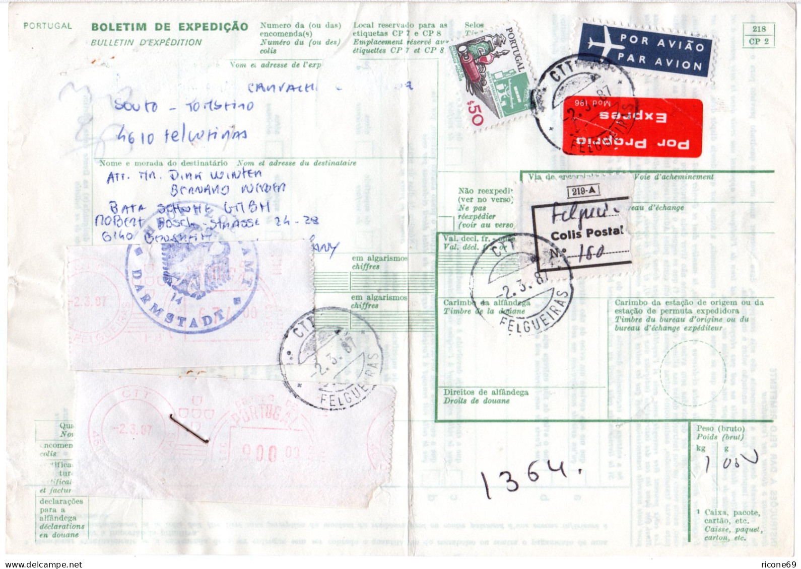 Portugal 1987, $50+2 Freistempeletiketten Auf Express Paketkarte V. Felgueras - Other & Unclassified