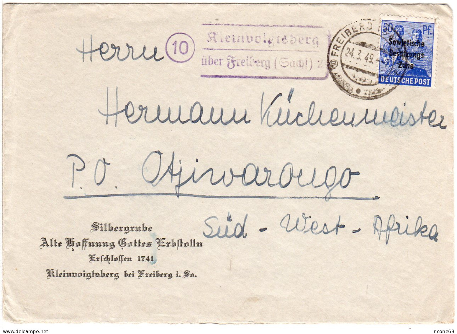 SBZ 1949, Landpost Stpl. 10 KLEINVOIGTSBERG über Freiberg Auf Brief N. SW-Afrika - Storia Postale