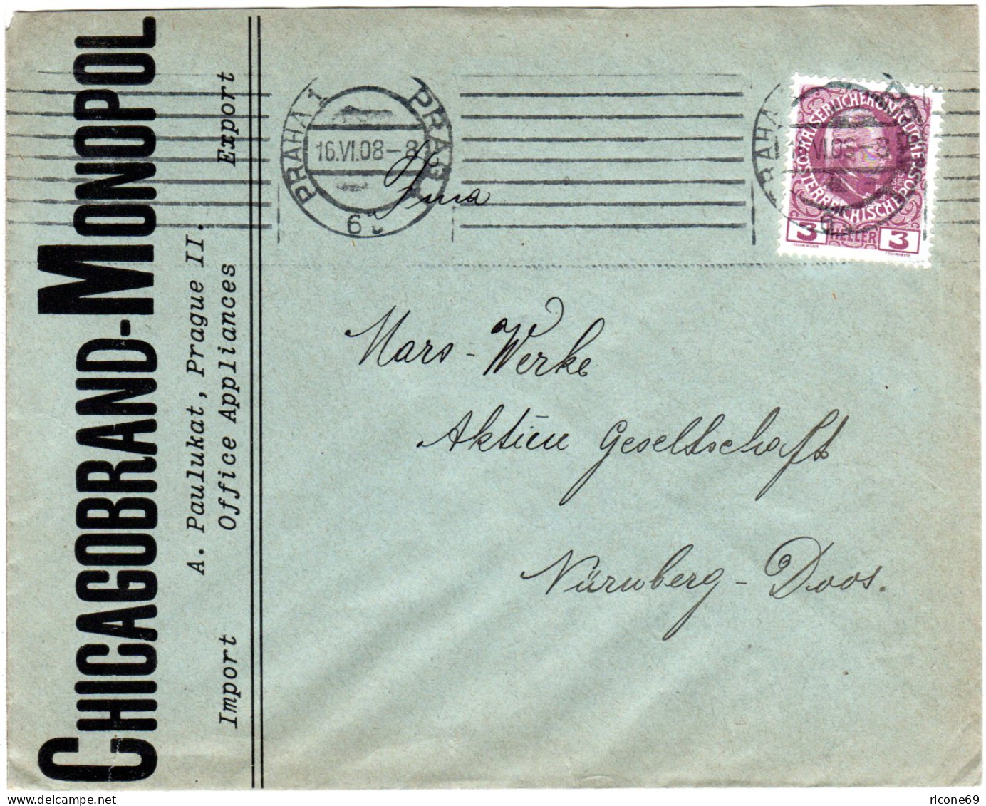 Österreich 1908, 3 H. Auf Firmenbrief Chicagobrand-Monopol V. Prag N. Bayern - Covers & Documents