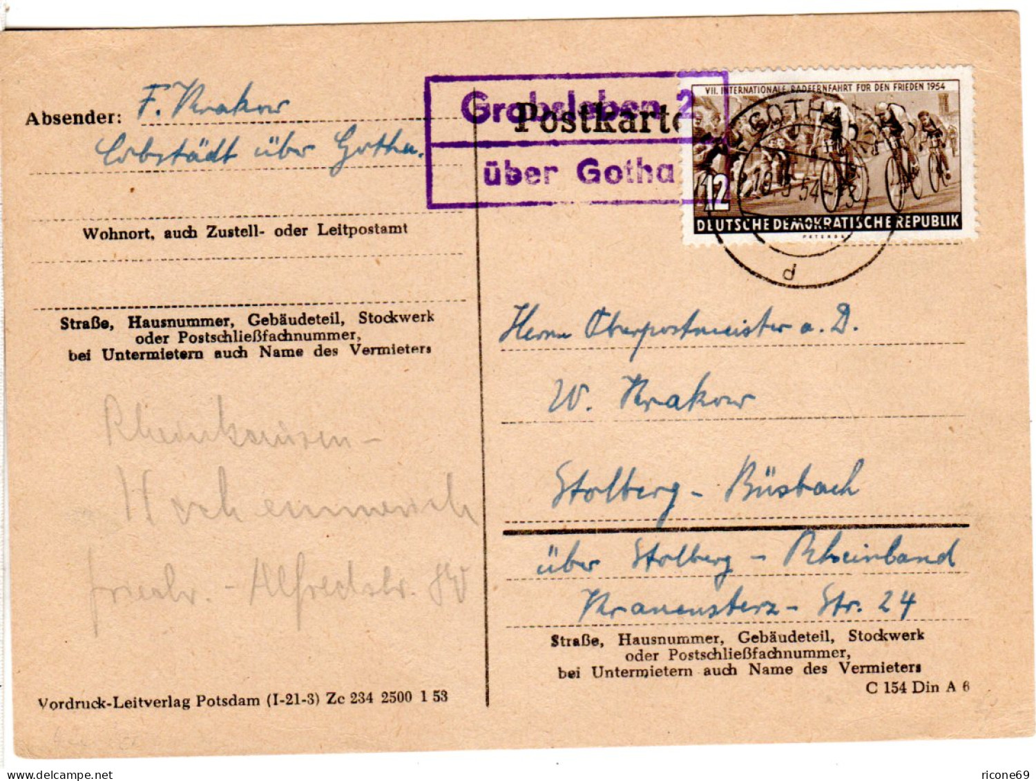 DDR 1954, Landpost Stpl. GRABSLEBEN 2 über Gotha Auf Karte M. 12 Pf.  - Briefe U. Dokumente