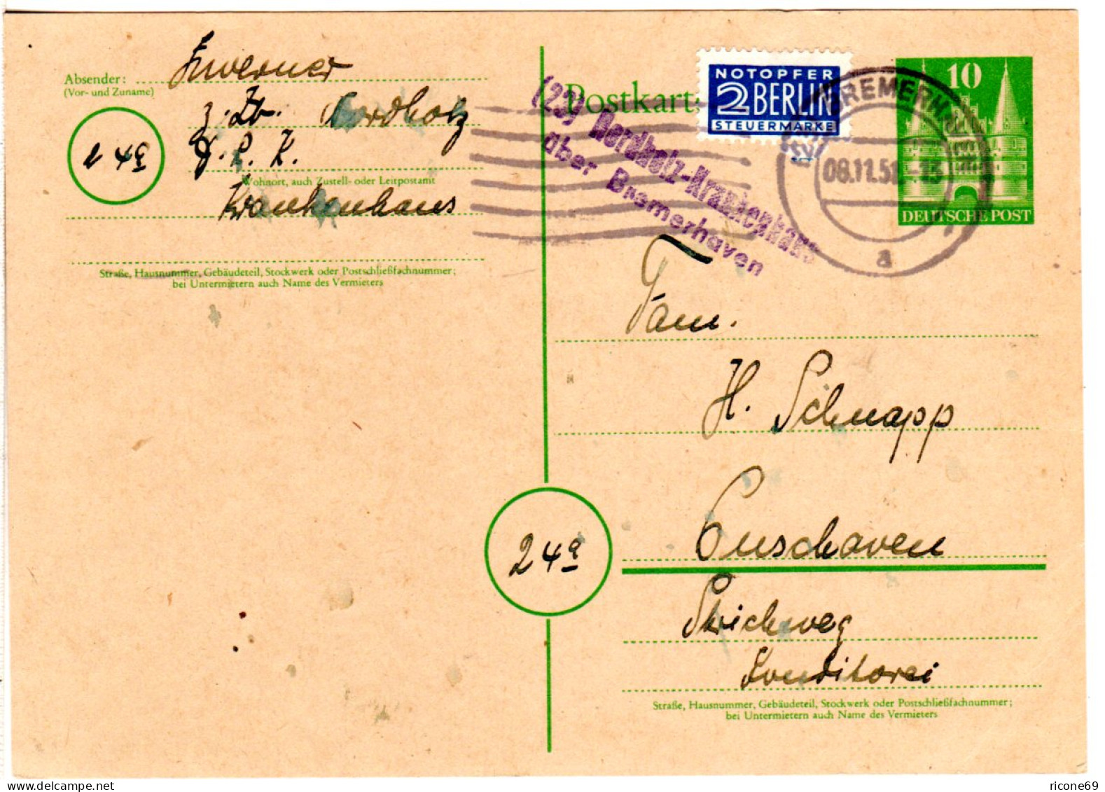 1951, Landpost Stempel 23 NORDHOLZ KRANKENHAUS über Bremerhaven Auf Ganzsache  - Collections