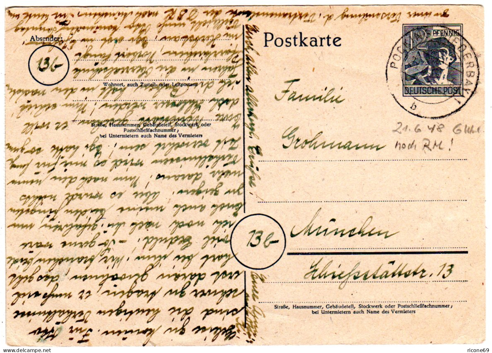 21.6.1948, 6 Uhr, Letzte Gültigkeit Einer RM-Frankatur! Ganzsache V. Pocking - Lettres & Documents