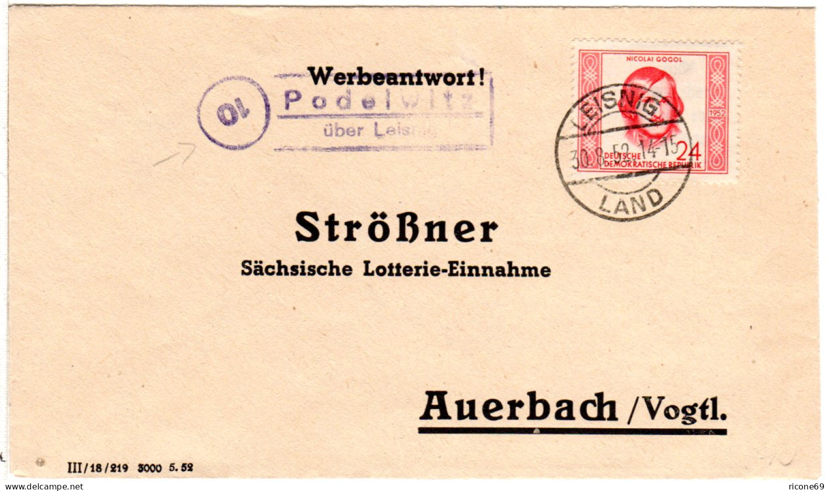 DDR 1952, Landpost Stpl. 10 PODELWITZ über Leinig (PLZ!!) Auf Brief M. 24 Pf. - Briefe U. Dokumente