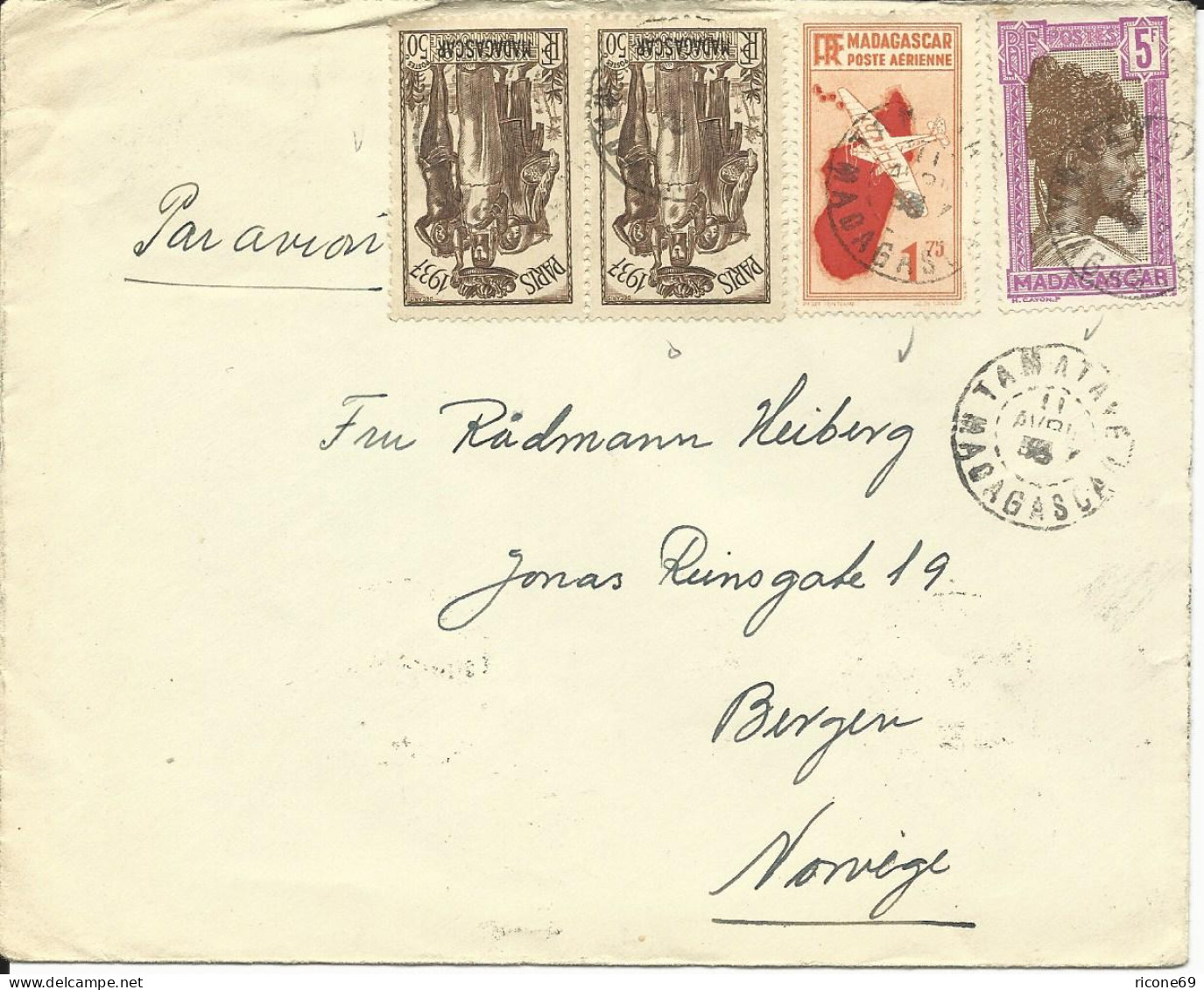 Madagaskar 1938, 4 Marken Auf Luftpost Brief V. Tamatave N. Norwegen - Madagaskar (1960-...)