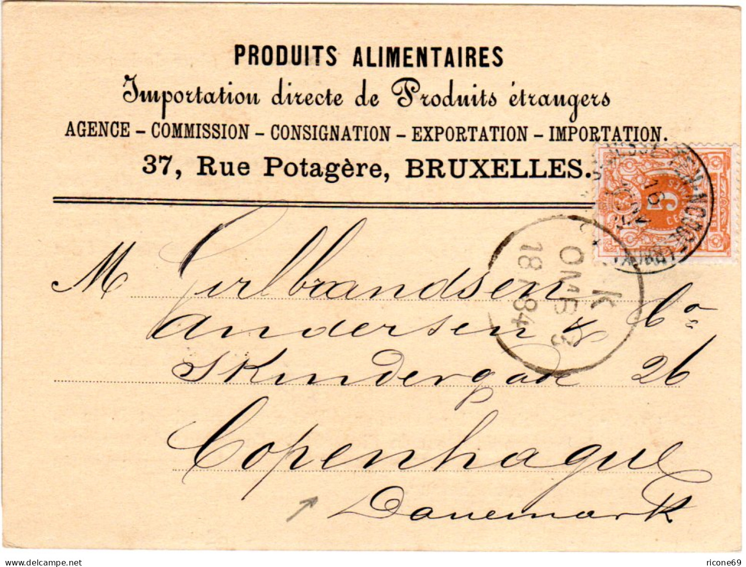 Belgien 1884, 5 C. Auf Drucksache Karte V. Bruxelles N. Dänemark. - Sonstige & Ohne Zuordnung