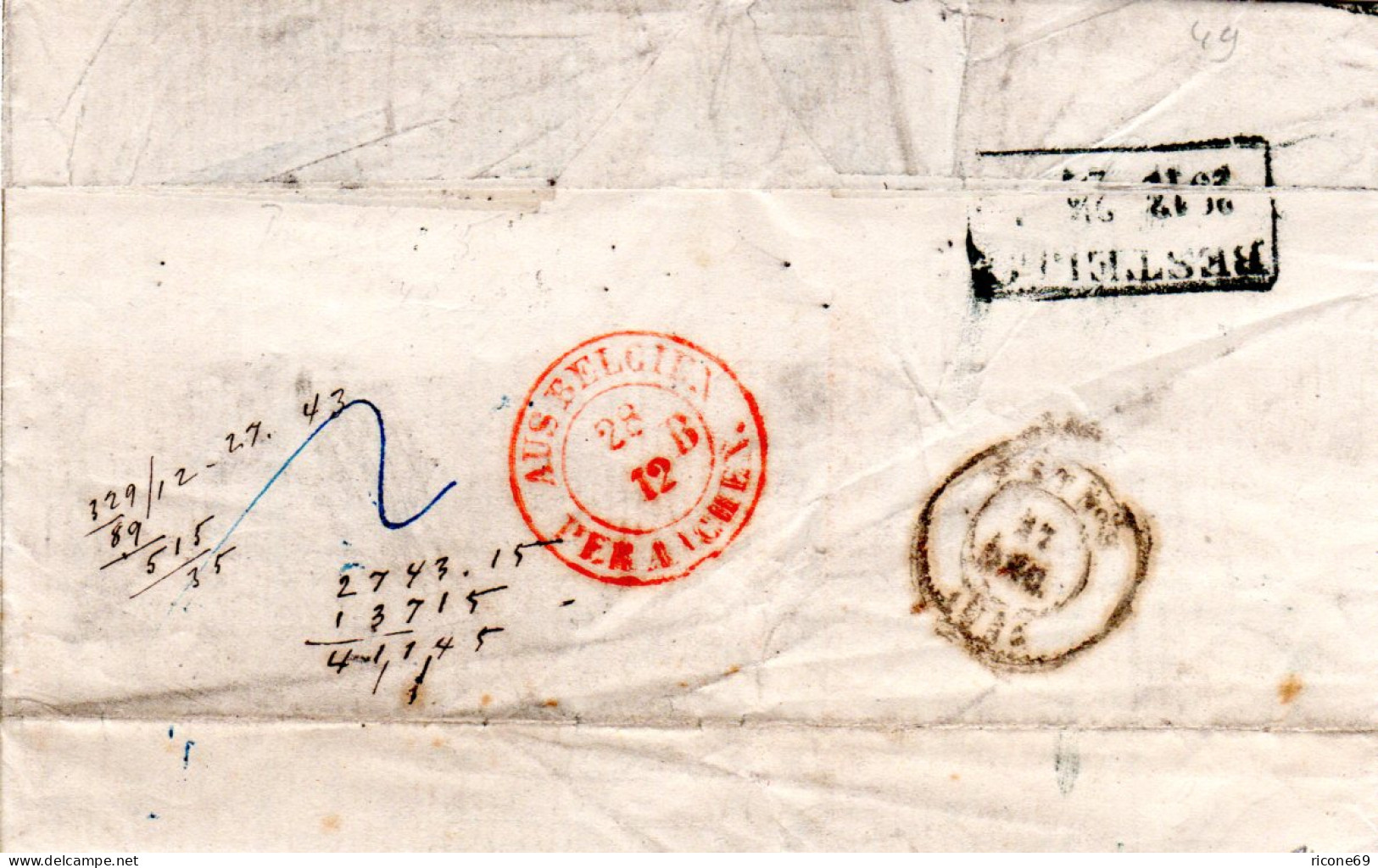 Belgien 1855, L1 B.2e.R. Auf Porto Brief V. Bruxelles N. Sachsen. Portostpl. "2" - Sonstige & Ohne Zuordnung