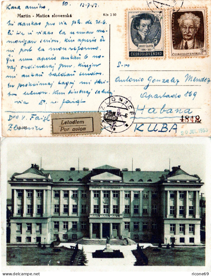 Tschechoslowakei 1953, 75 H.+1,60 Kr. Auf Luftüpost-AK V. Zlonice In Die Karibik - Storia Postale