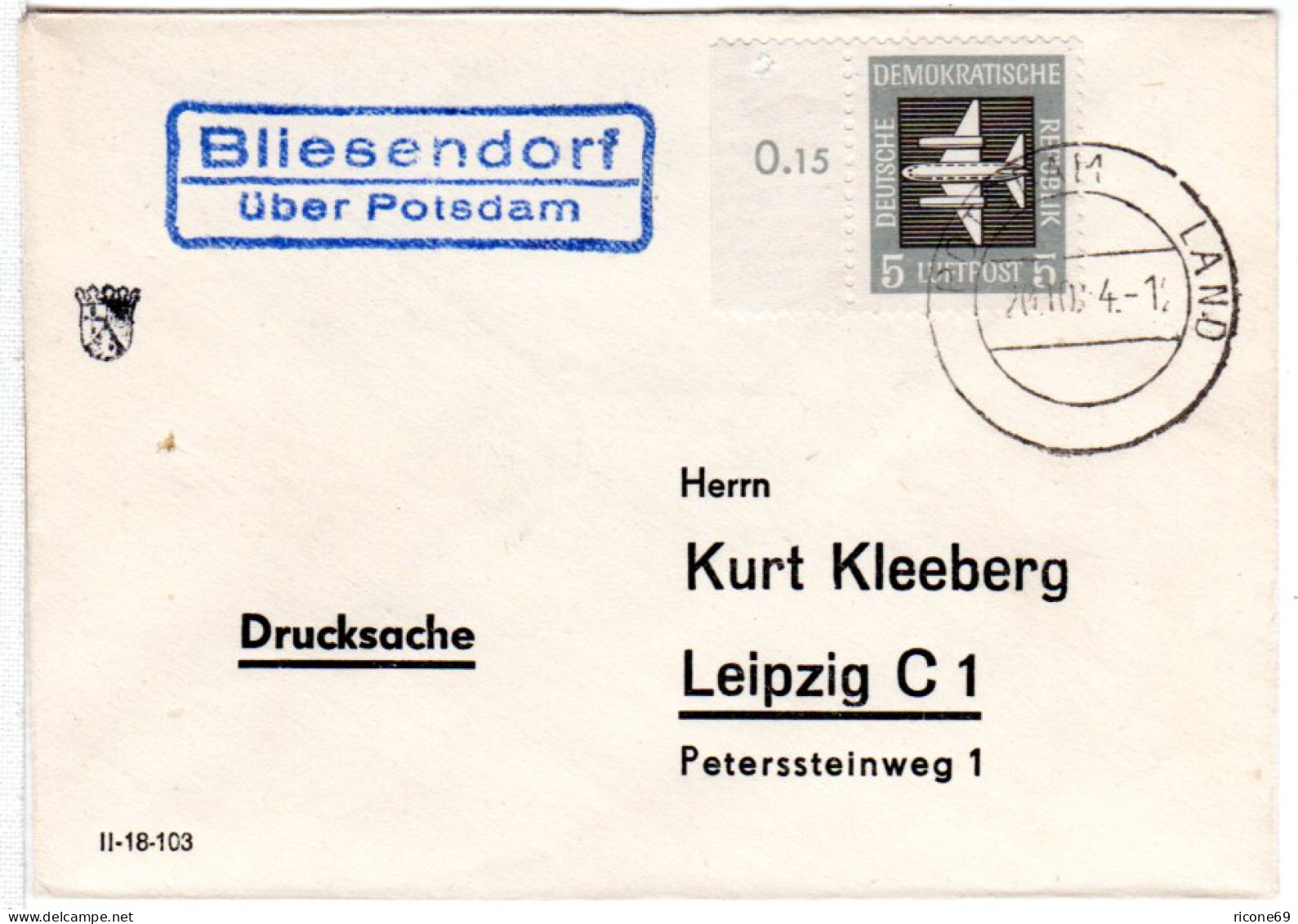 DDR 1964, Landpoststempel BLIESENDORF über Potsdam Auf Drucksache Brief M. 5 Pf. - Briefe U. Dokumente