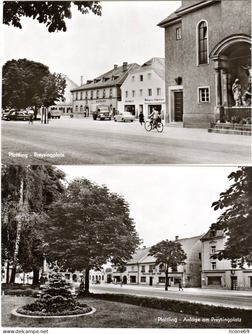 Plattling, Preysingplatz M. Geschäften U. Personen, 2 Ungebr. Foto-AK - Sonstige & Ohne Zuordnung