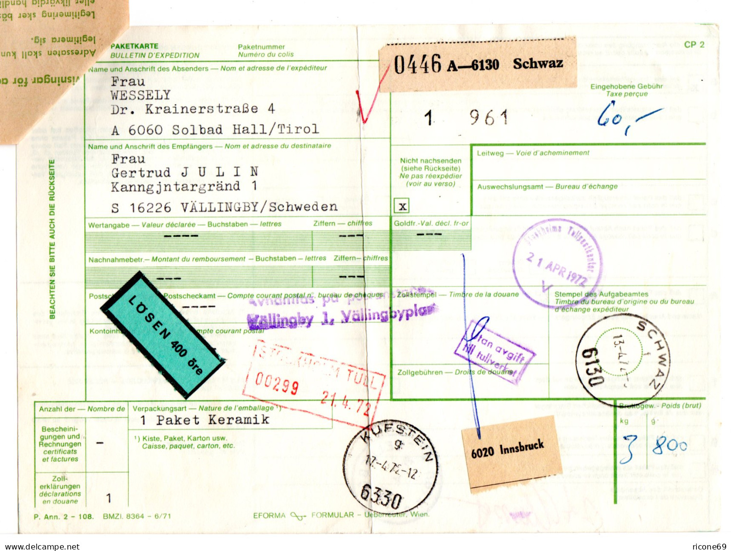 Österreich 1972, Paketkarte V. Schwaz M. Schweden Porto U. Postformular. - Cartas & Documentos