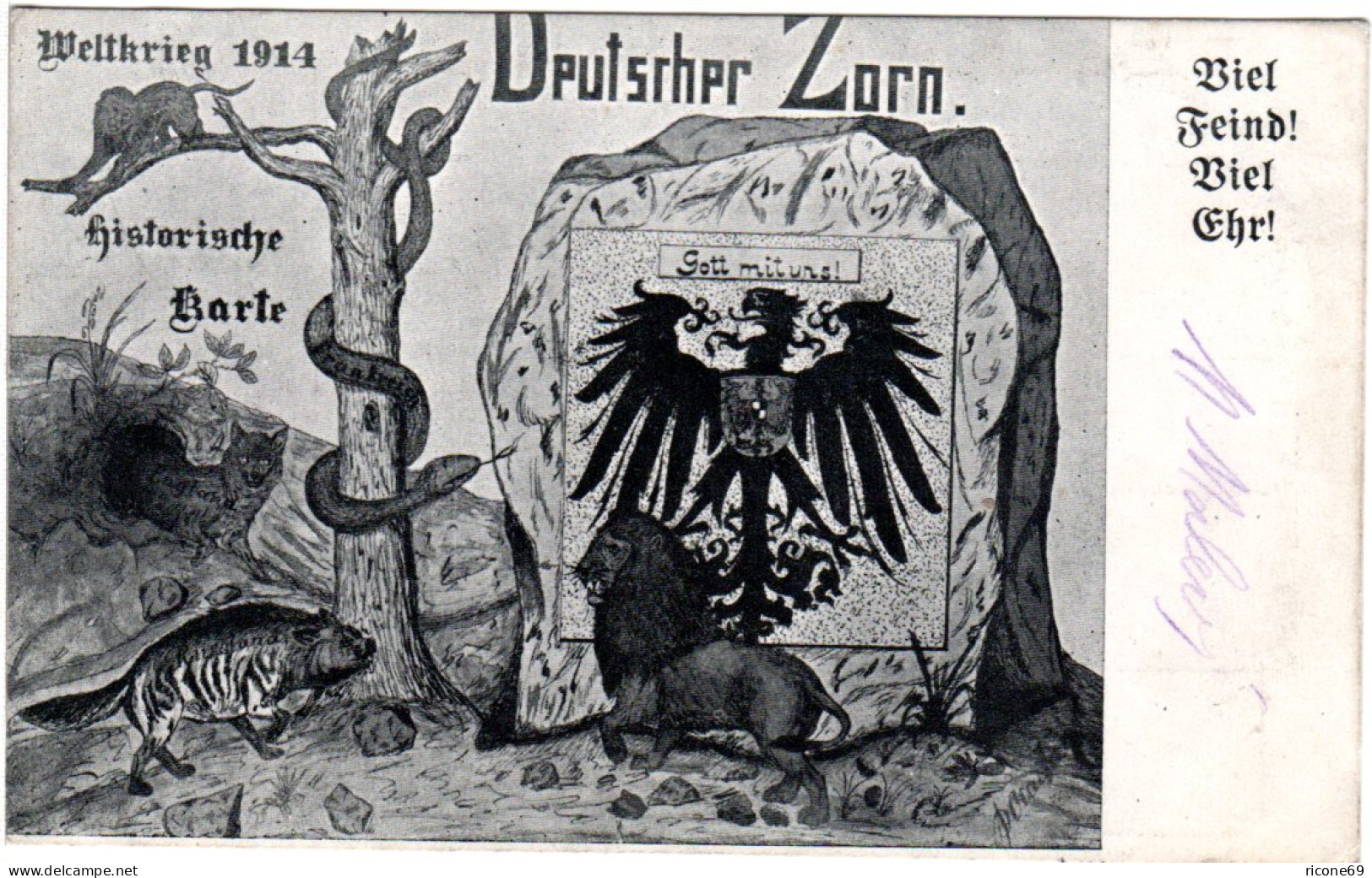 WK I, DEUTSCHER ZORN, Viel Feind Viel Ehr!, 1915 Gebr. Sw-AK - Geschichte