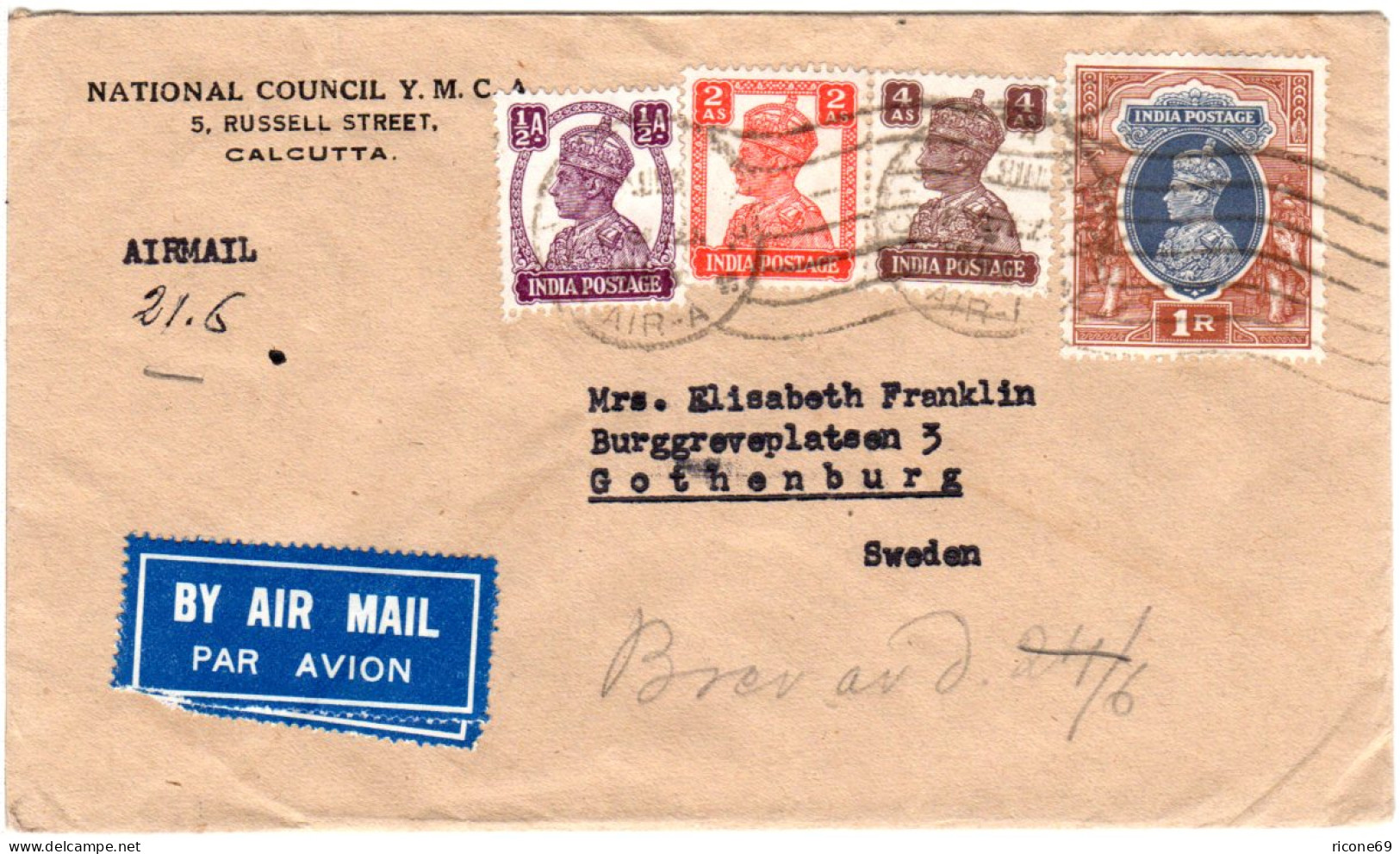 Indien, 4 Marken Auf Luftpost Brief V. Calcutta N.Schweden - Otros & Sin Clasificación