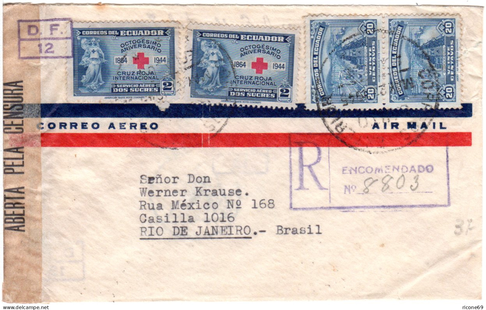 Ecuador 1945, 4 Marken Auf Reko Luftpost Zensur Brief V. Quito N. Brasilien - Equateur