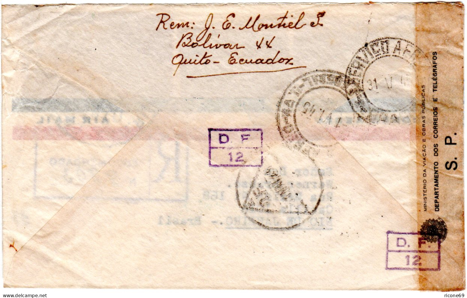 Ecuador 1945, 4 Marken Auf Reko Luftpost Zensur Brief V. Quito N. Brasilien - Ecuador