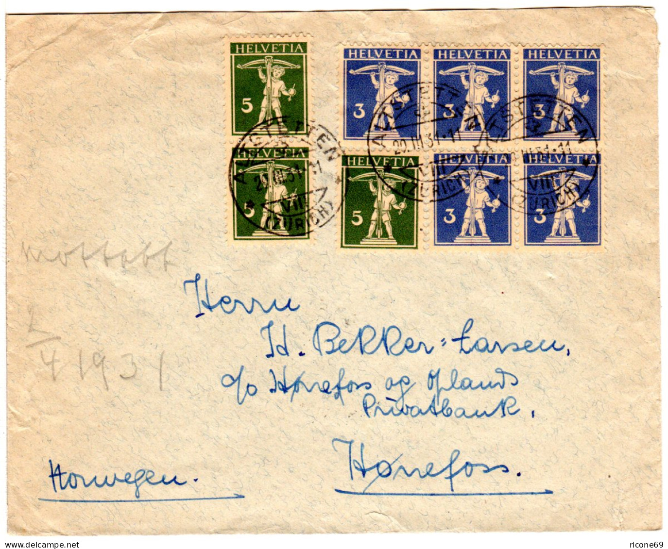 Schweiz 1931, 5er-Block 3 C.3x5 C. Tellknabe Auf Brief V. Altstetten N. Norwegen - Covers & Documents