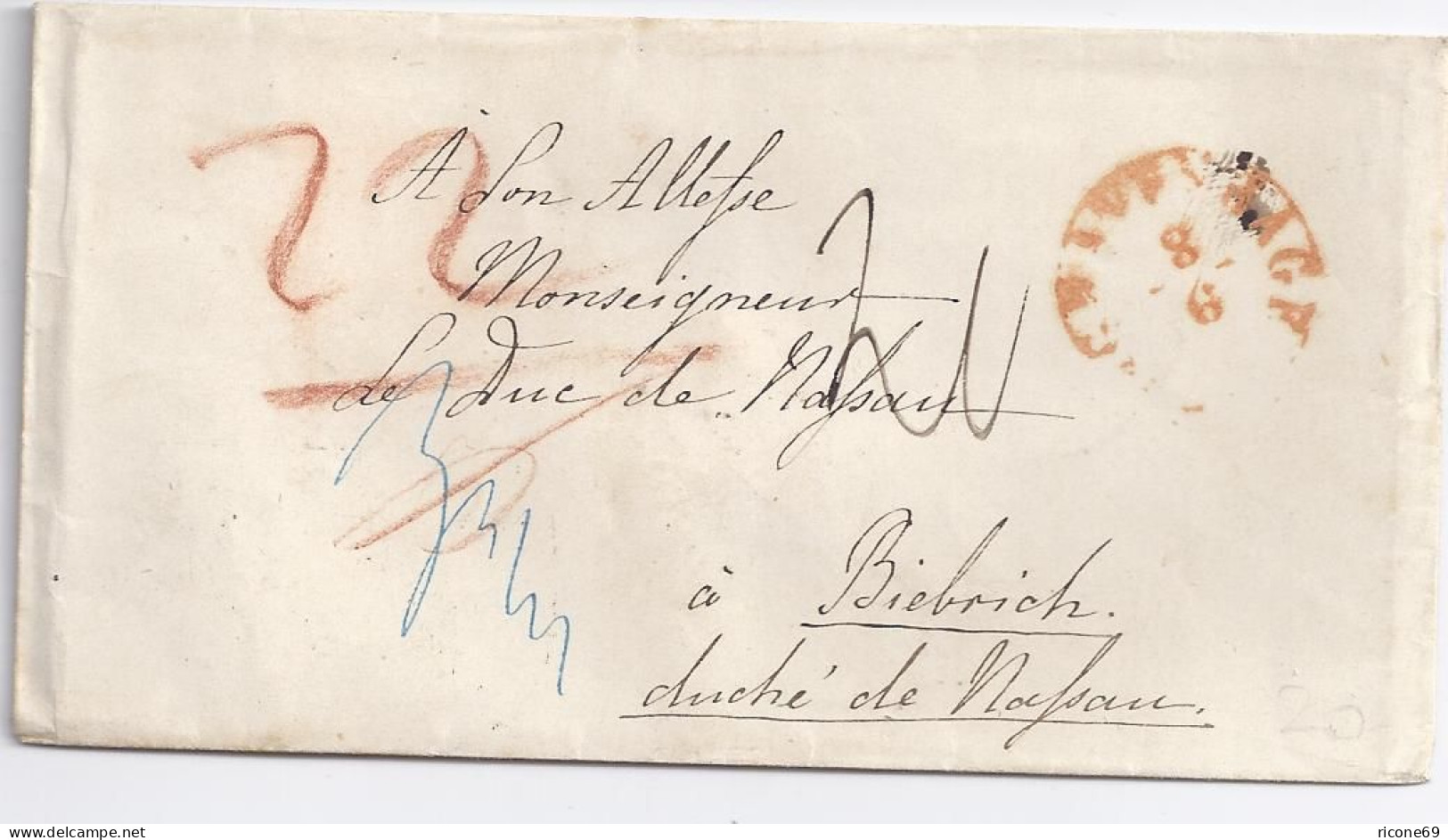 NL Taxis 1859, S'Gravenhage In Rot Auf Porto Brief Nach Biebrich, H.-Nassau.  - Other & Unclassified