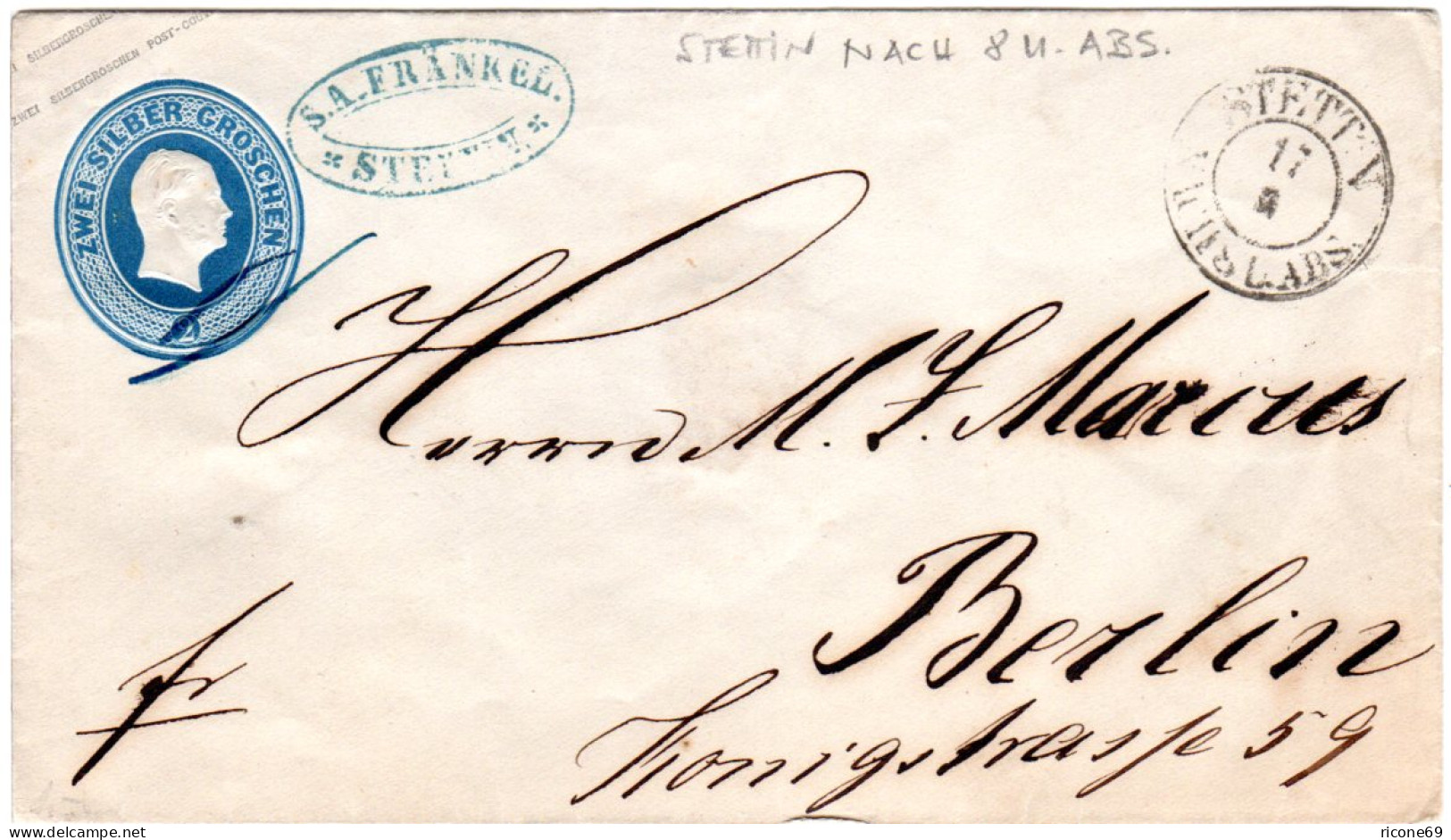 Preussen, K2 STETTIN NACH 8 U. ABS. Auf 2 Sgr. Ganzsachenumschlag  - Lettres & Documents