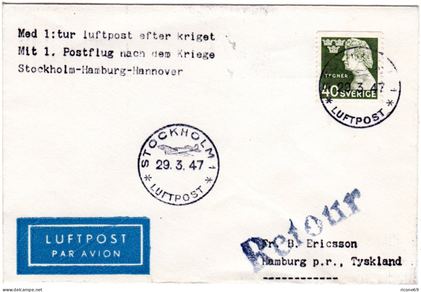 Schweden 1947, 40 öre On 1st. After War Flight Cover From Stockholm To Hamburg - Brieven En Documenten