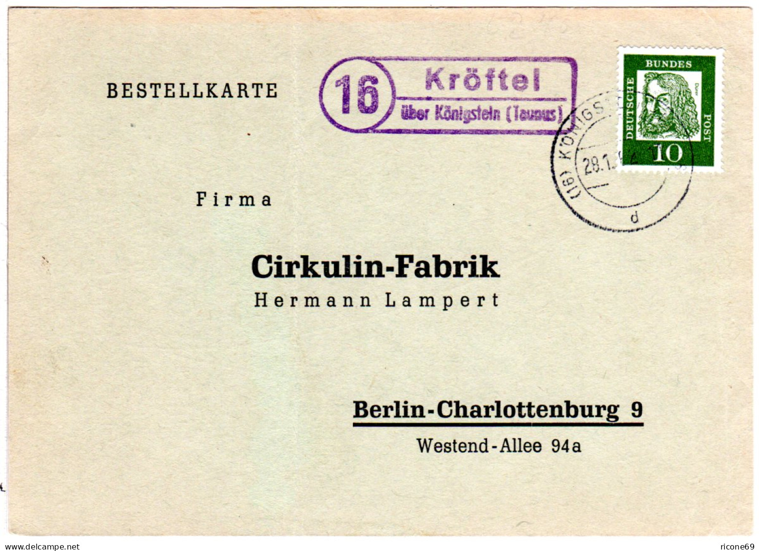 BRD 1962, Landpost Stpl. 16 KRÖFTEL über Königstein Auf Karte M. 10 Pf. - Collections