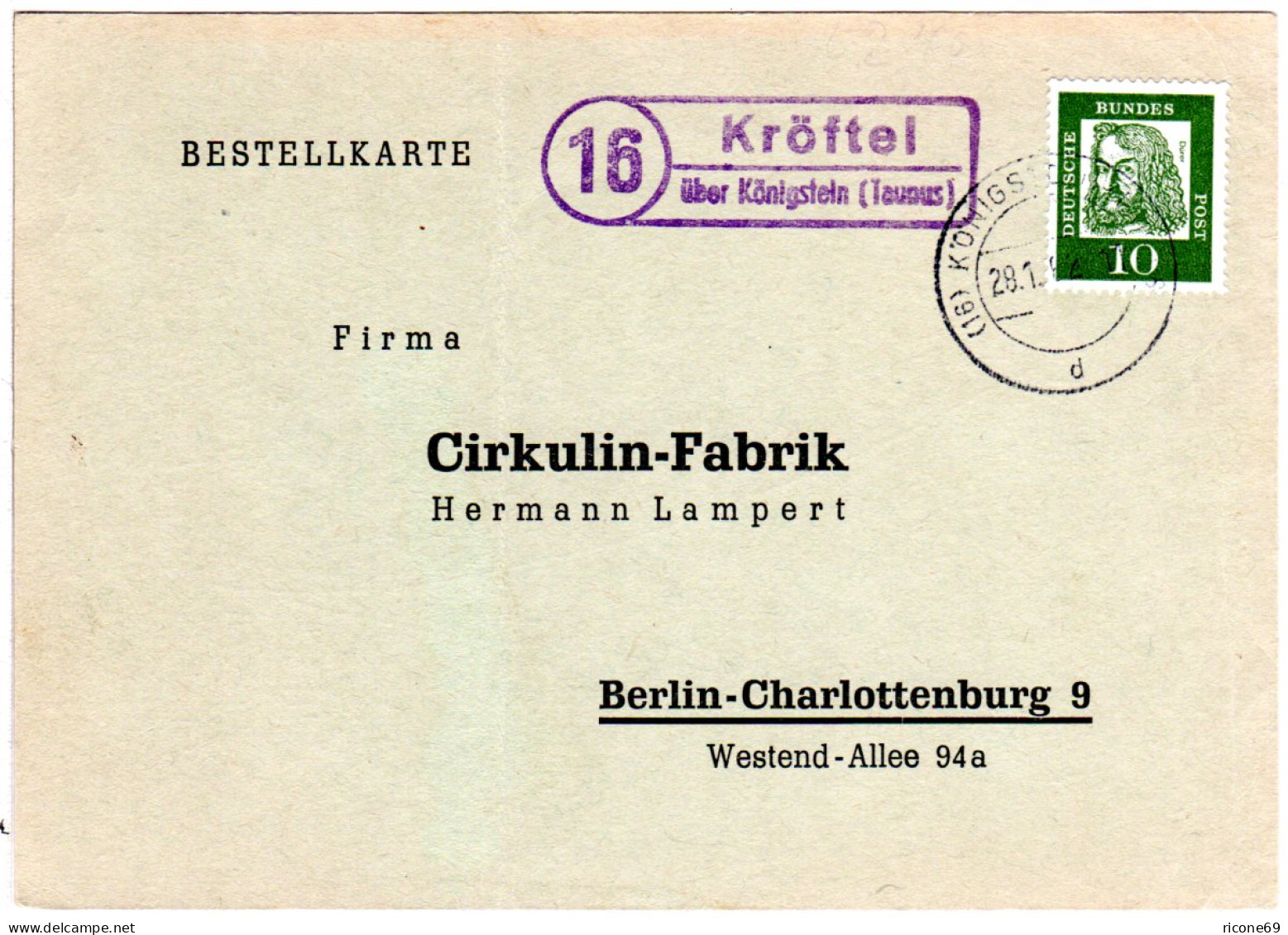 BRD 1962, Landpost Stpl. 16 KRÖFTEL über Königstein Auf Karte M. 10 Pf. - Sammlungen