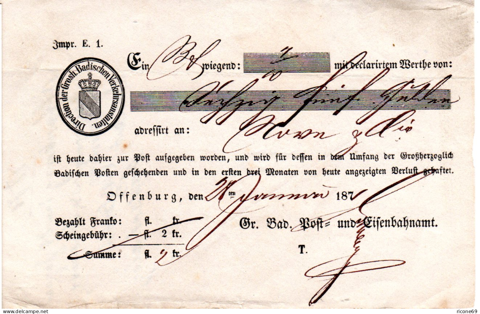 Baden 1871, Offenburg, Postschein M. Wappen, Gr. Bad. Post- Und Eisenbahnamt - Brieven En Documenten