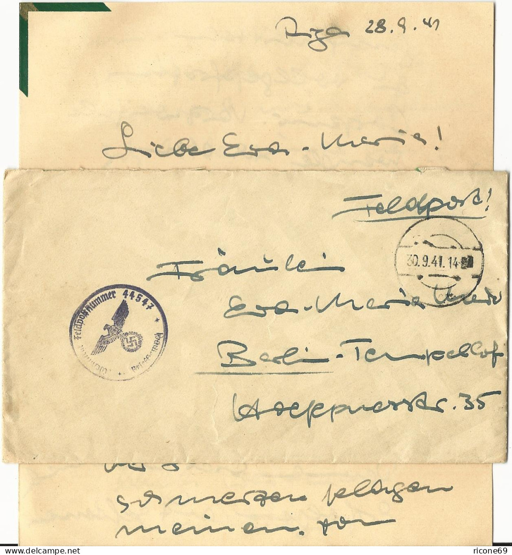 Feldpost WK II 1941, FP Brief M. Inhalt V. Riga Lettland U. Stummem Stpl. - Feldpost 2e Wereldoorlog