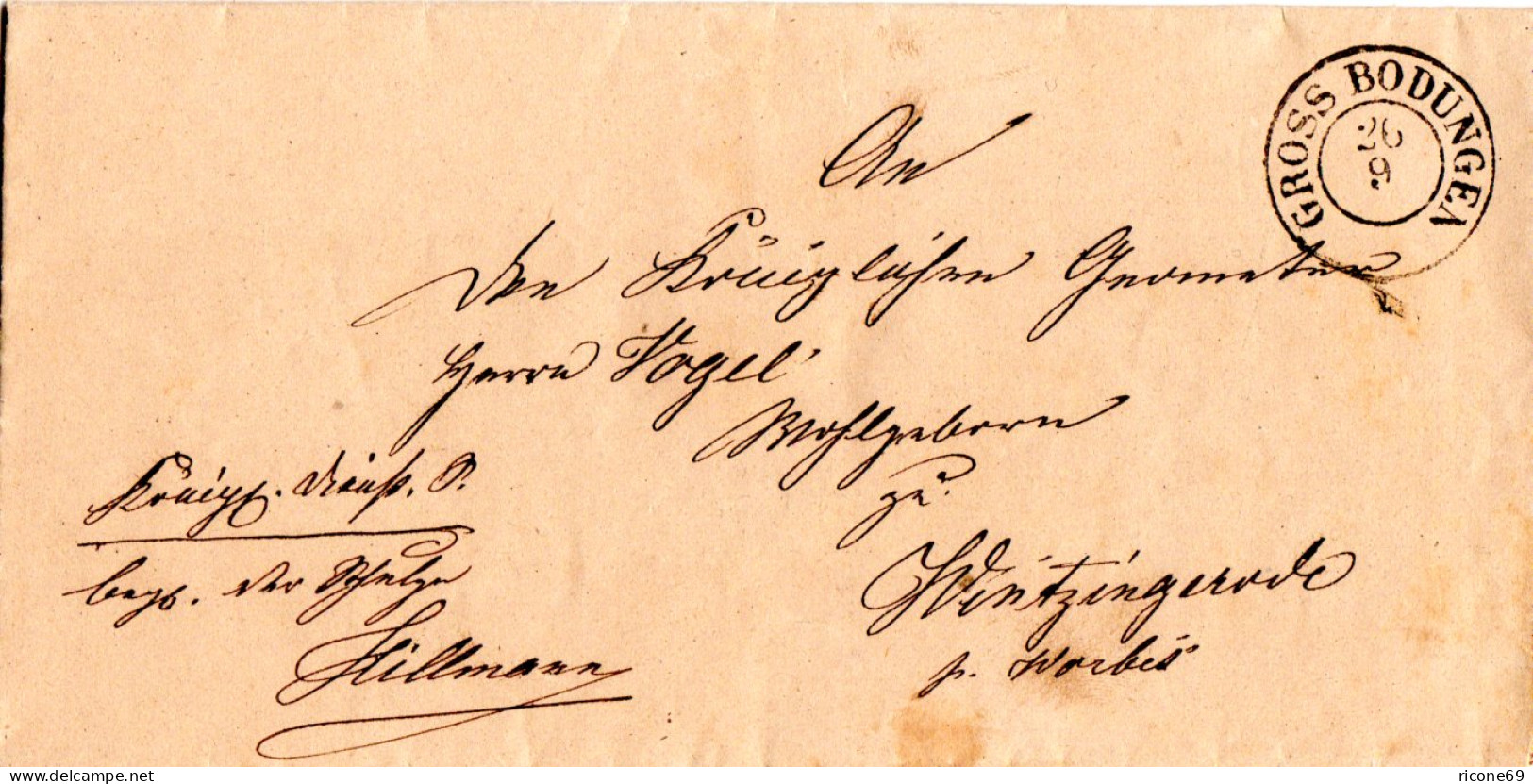 Preussen 1864, K2 GROSS BODUNGEN Klar Auf Portofreiem Brief D. Gemeinde Neustadt - Lettres & Documents