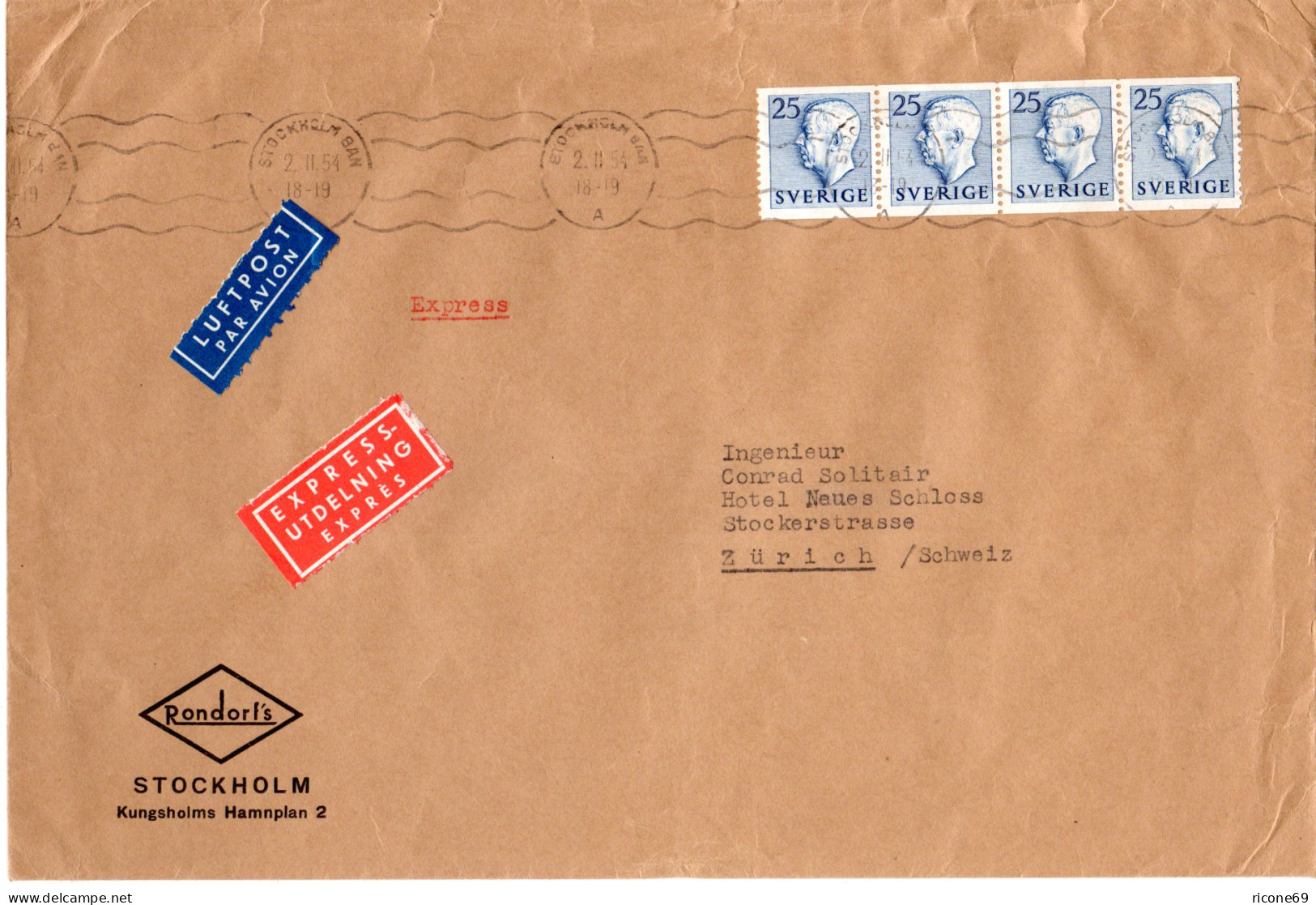 Schweden 1954, MeF 4er-Streifen 25 öre Auf Luftpost Express Brief I.d. Schweiz - Covers & Documents