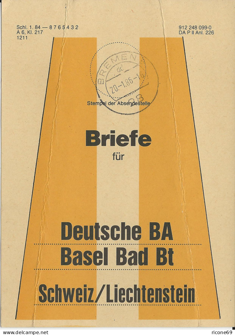 BRD 1986, Bief Bund Fahne F. Briefe Bremen - Schweiz/Liechtenstein. Bahnpost. - Briefe U. Dokumente