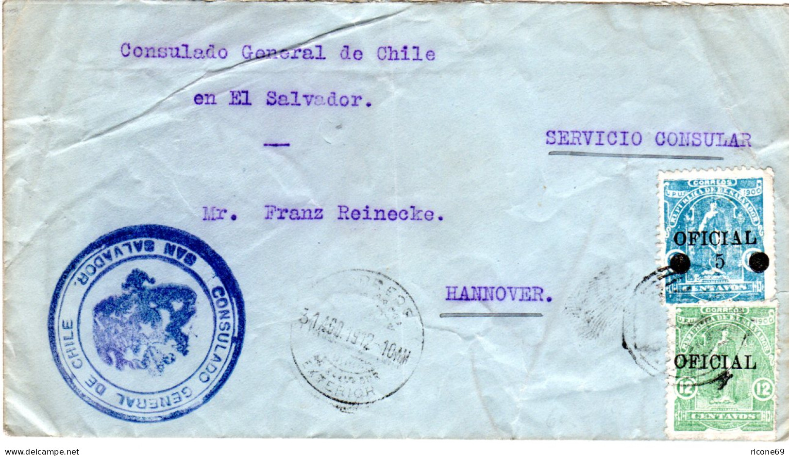 El Salvador, 5/17+12 C. Dienst Auf Chile Konsulats Brief N. Deutschland - El Salvador