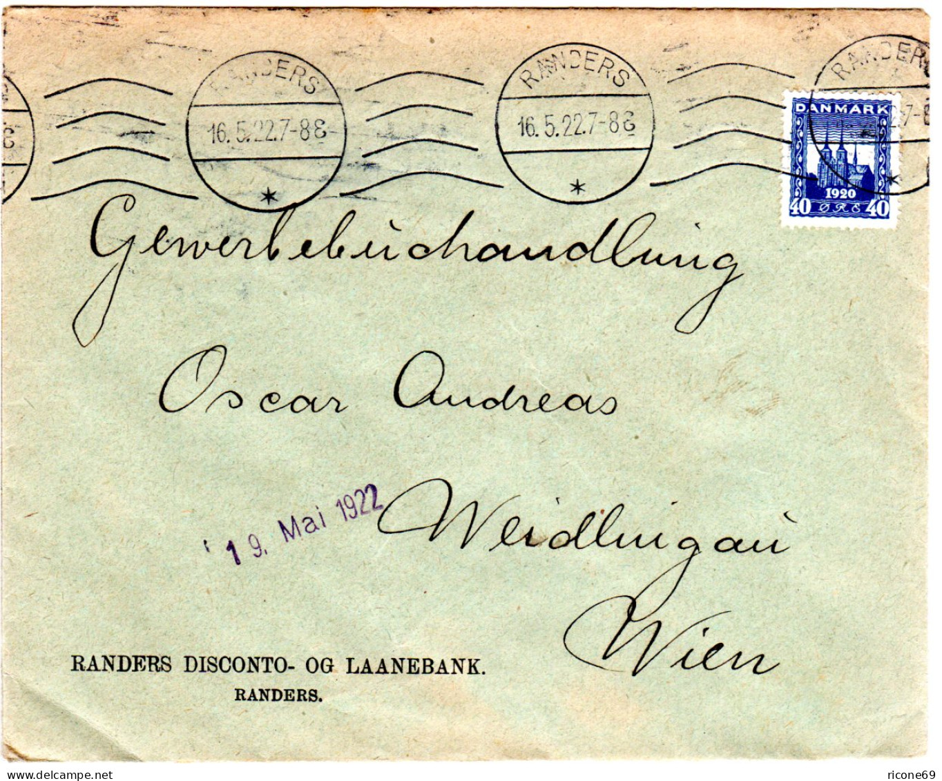 Dänemark 1922, EF 40 öre Auf Bankbrief V. Randers N. Österreich - Andere & Zonder Classificatie