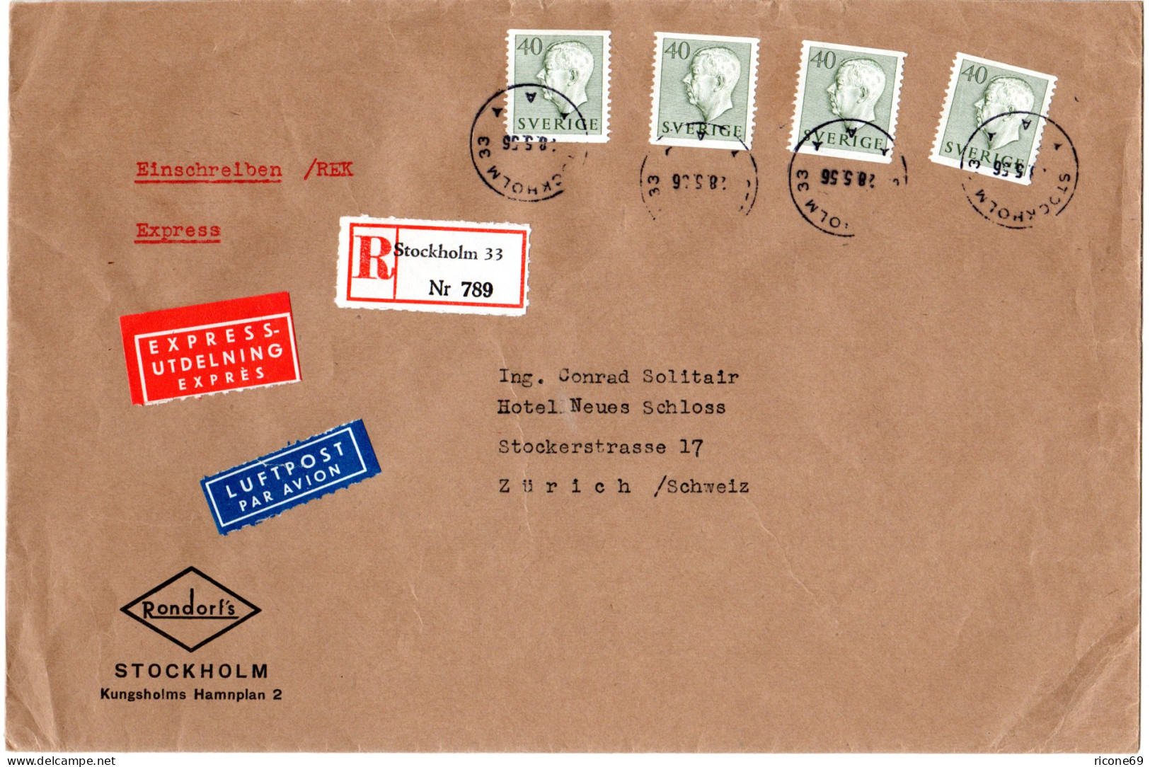 Schweden 1956, MeF 4x40 öre Auf Luftpost Einschreiben Express Brief I.d. Schweiz - Brieven En Documenten