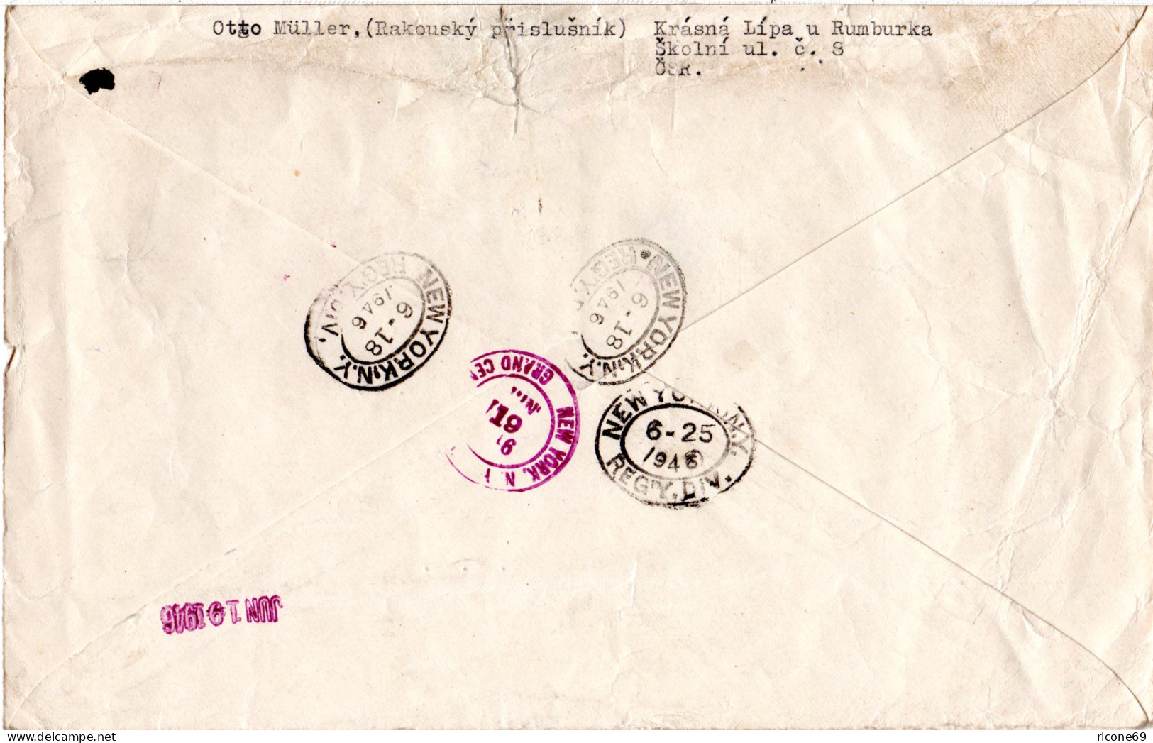 Tschechoslowakei 1946, 4 Marken Auf Reko Erstflug Brief V. Krasna Lipa N. USA - Storia Postale