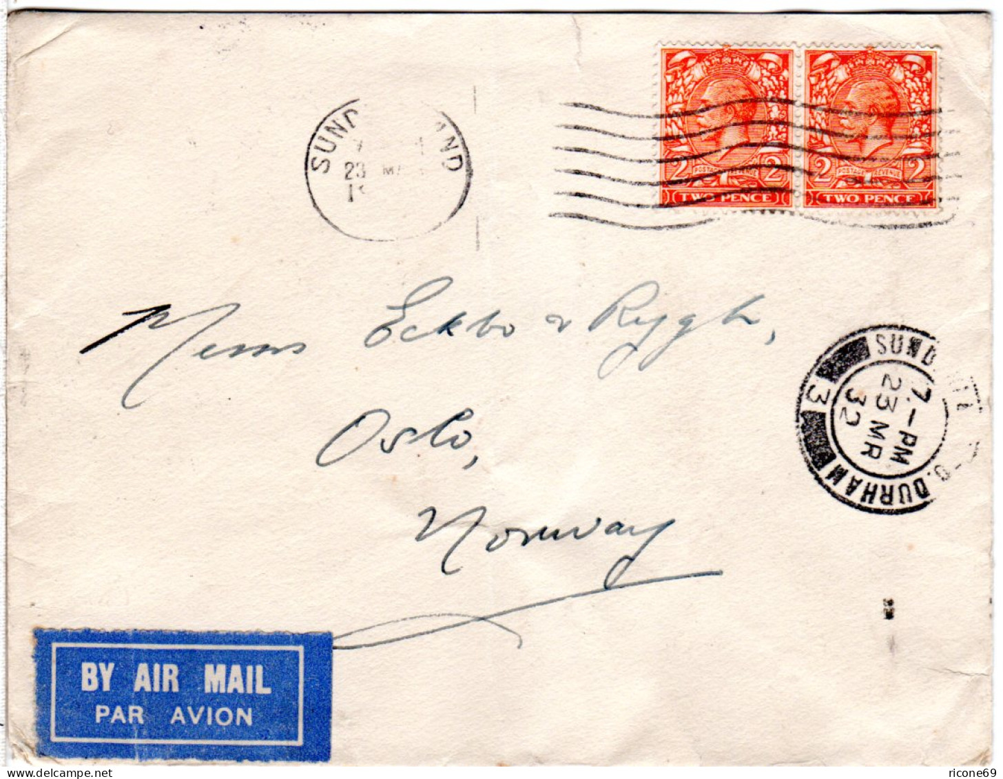 GB 1932, Pair 2d On Air Mail Cover From Sunderland Via Sweden To Norway - Other & Unclassified