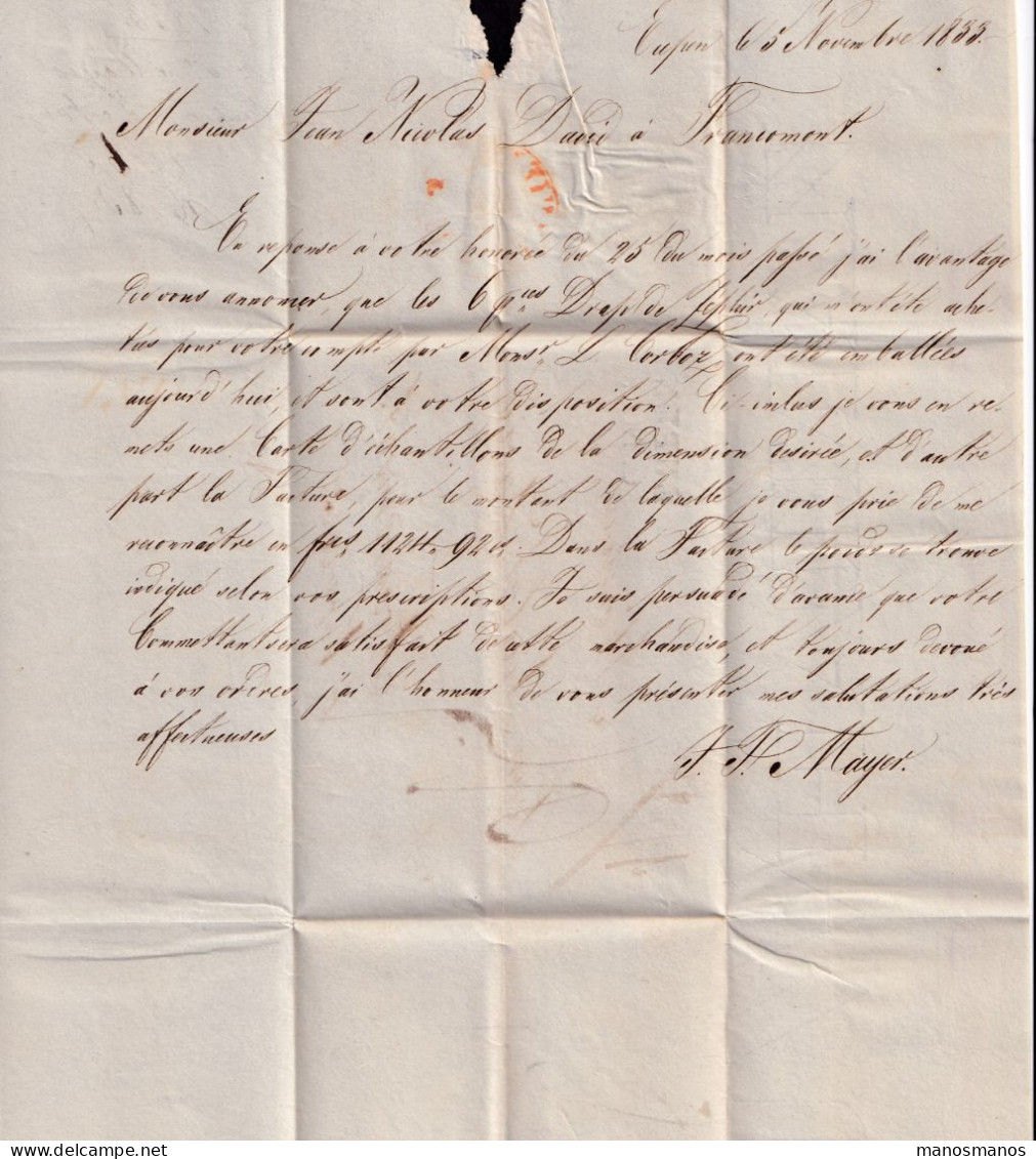 DDFF 760 -- CANTONS DE L'EST - Lettre Précurseur Linéaire EUPEN 6 NOV. 1833 Vers FRANCOMONT - Signée Mayer - 1830-1849 (Unabhängiges Belgien)