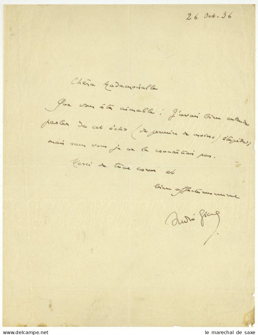 André Gide (1869-1951) Ecrivain LAS 1936 à Madeleine Denegri Prix Nobel Autographe - Schriftsteller