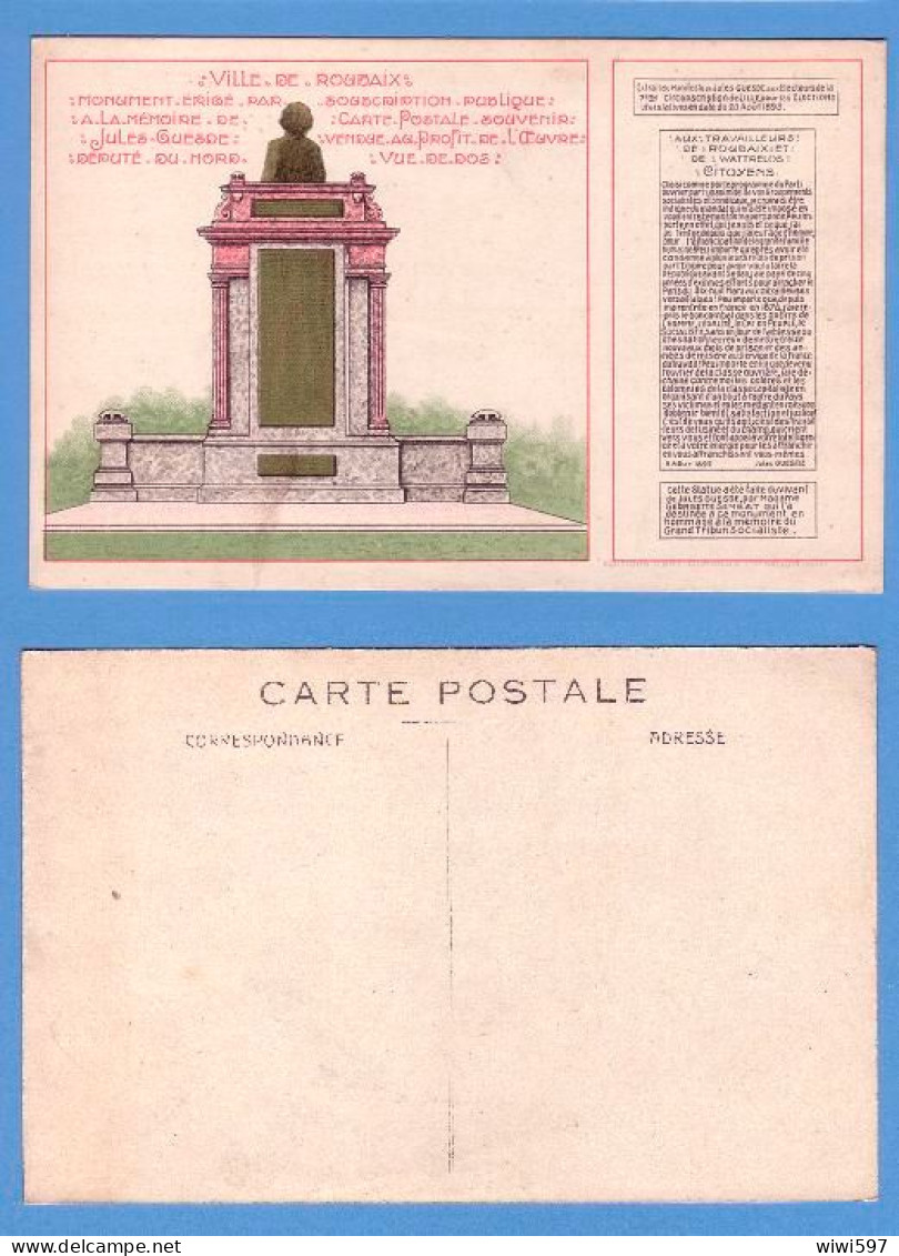 CARTE  POSTALE ANCIENNE DE ROUBAIX - MONUMENT DE JULES GUESDE ( SOUSCRIPTION ) - Roubaix