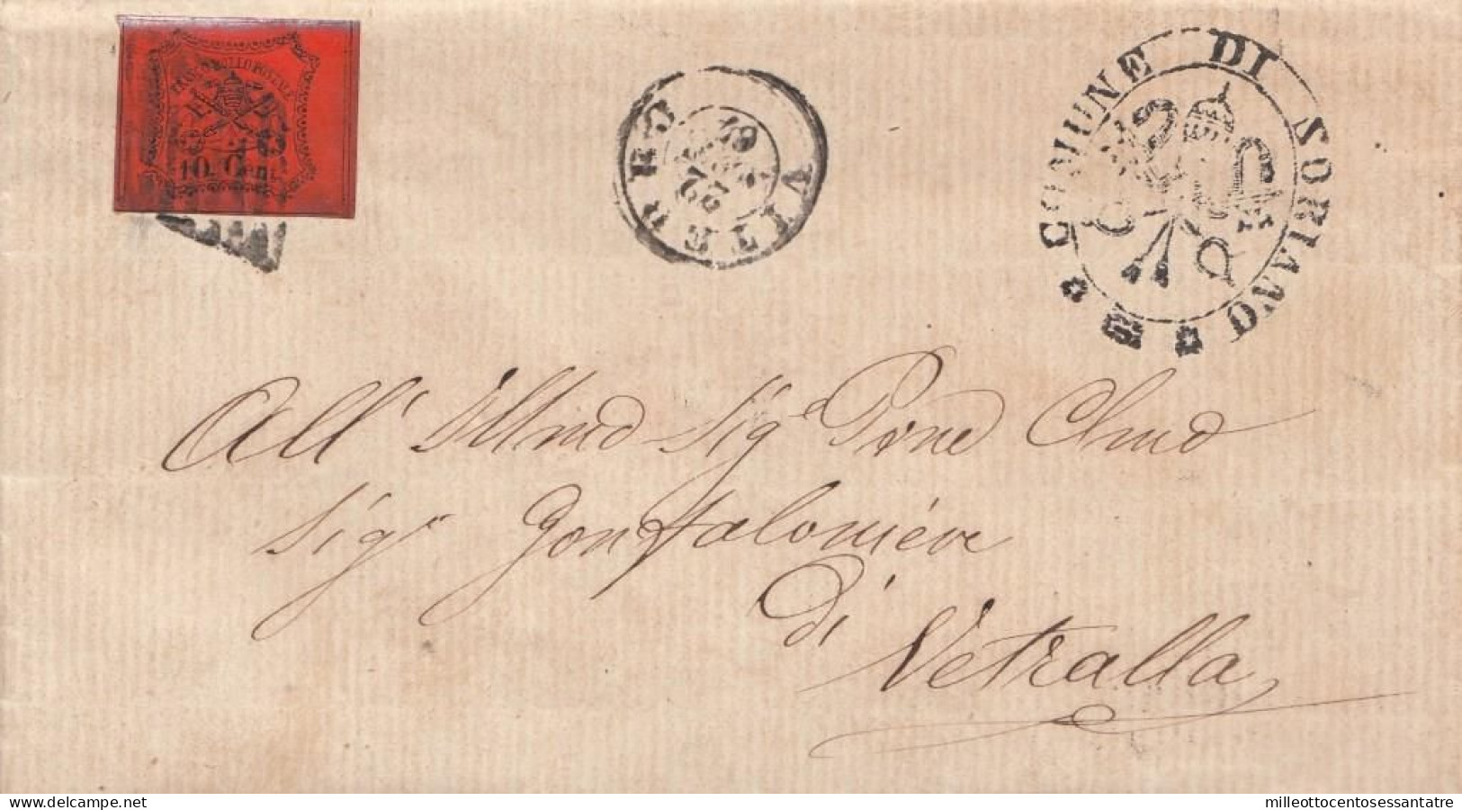 2454  - PONTIFICIO - Lettera Con Testo Del 1867 Da Soriano A Vetralla Con Cent 10 Vermiglio Arancio - 2° GIORNO D'USO - - Poststempel