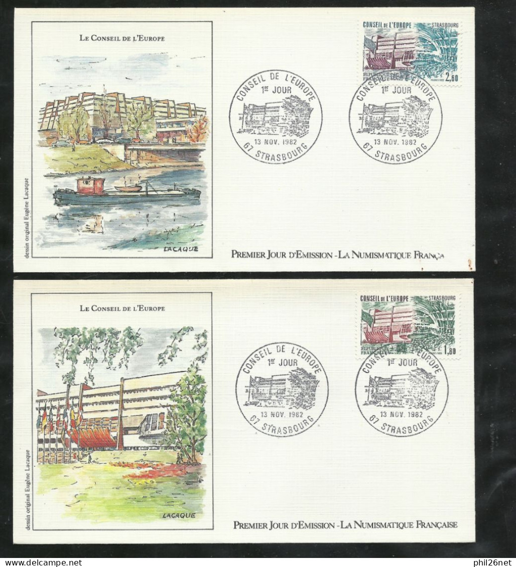 4  FDC Lettres Illustrées Premier Jour Strabourg Le  13/11/82  Service N°  73 Et 74 Conseil De L'Europe B/TB Soldé ! ! ! - 1980-1989