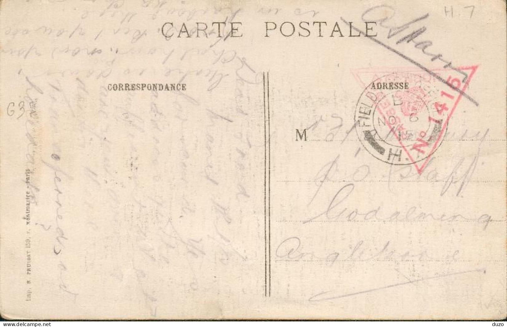 Carte - Field Post Office H.7. Cachet 1917  Censure 1415  Pour Goldaming (Royaume Uni) - Voir Descriptif. - Other & Unclassified